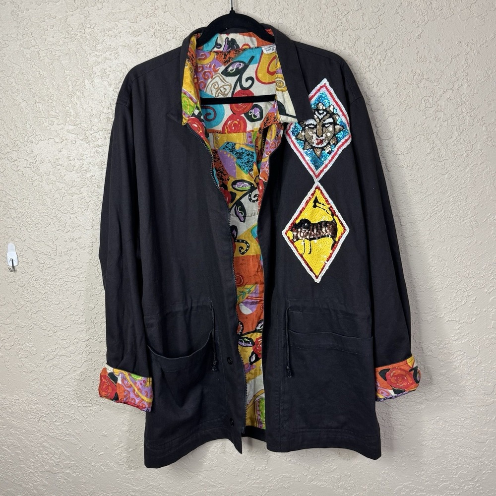 Vintage 80s 90s Womens Artsy Sequin Embroidered Coat Black Oversized M Sun Totem